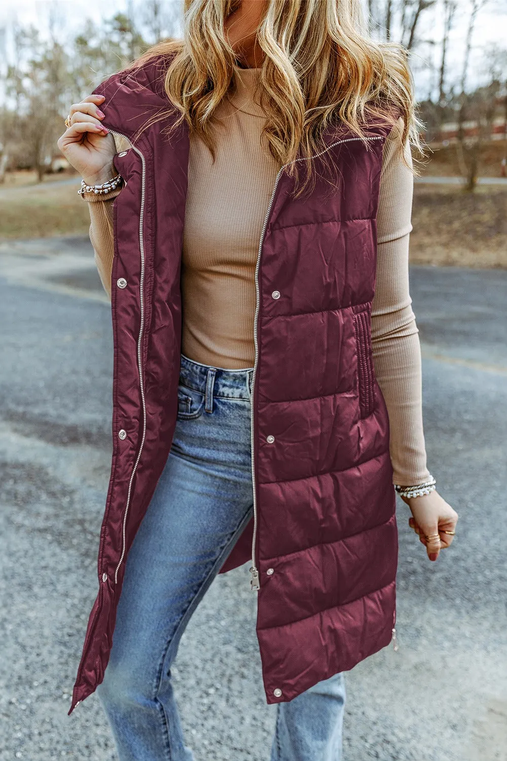 Hooded Puffer Long Vest with Pockets