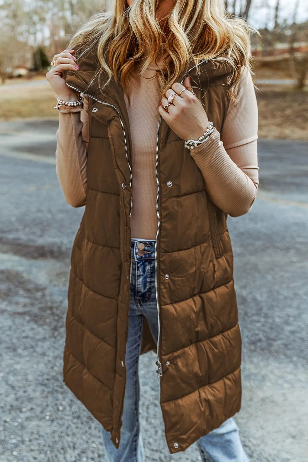 Hooded Puffer Long Vest with Pockets