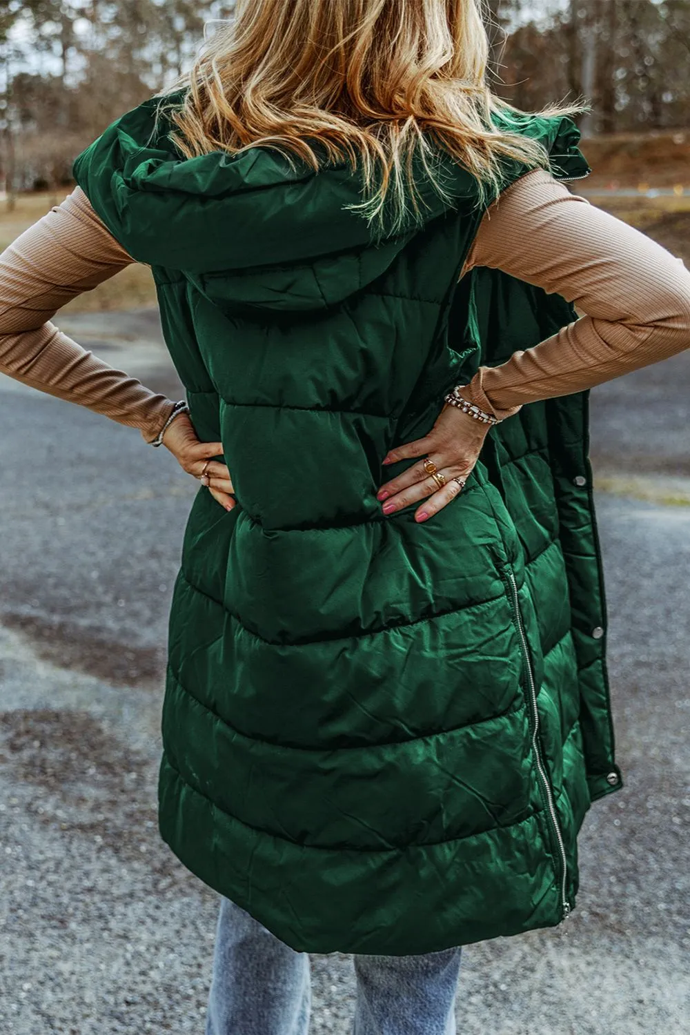 Hooded Puffer Long Vest with Pockets