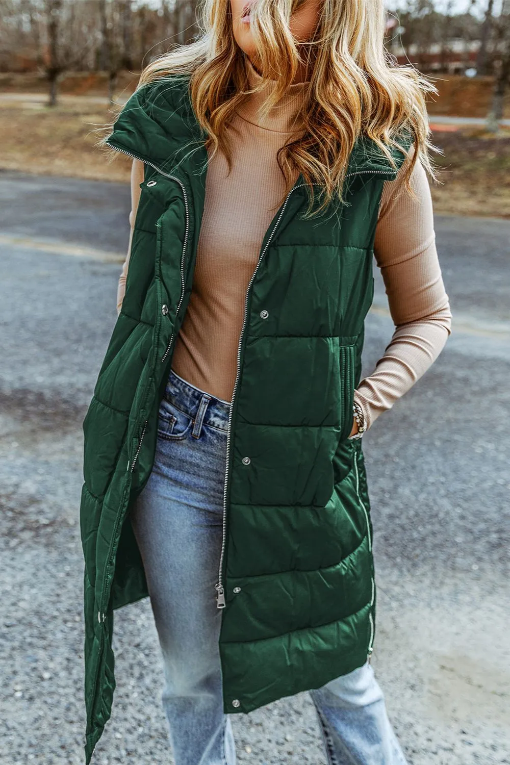 Hooded Puffer Long Vest with Pockets