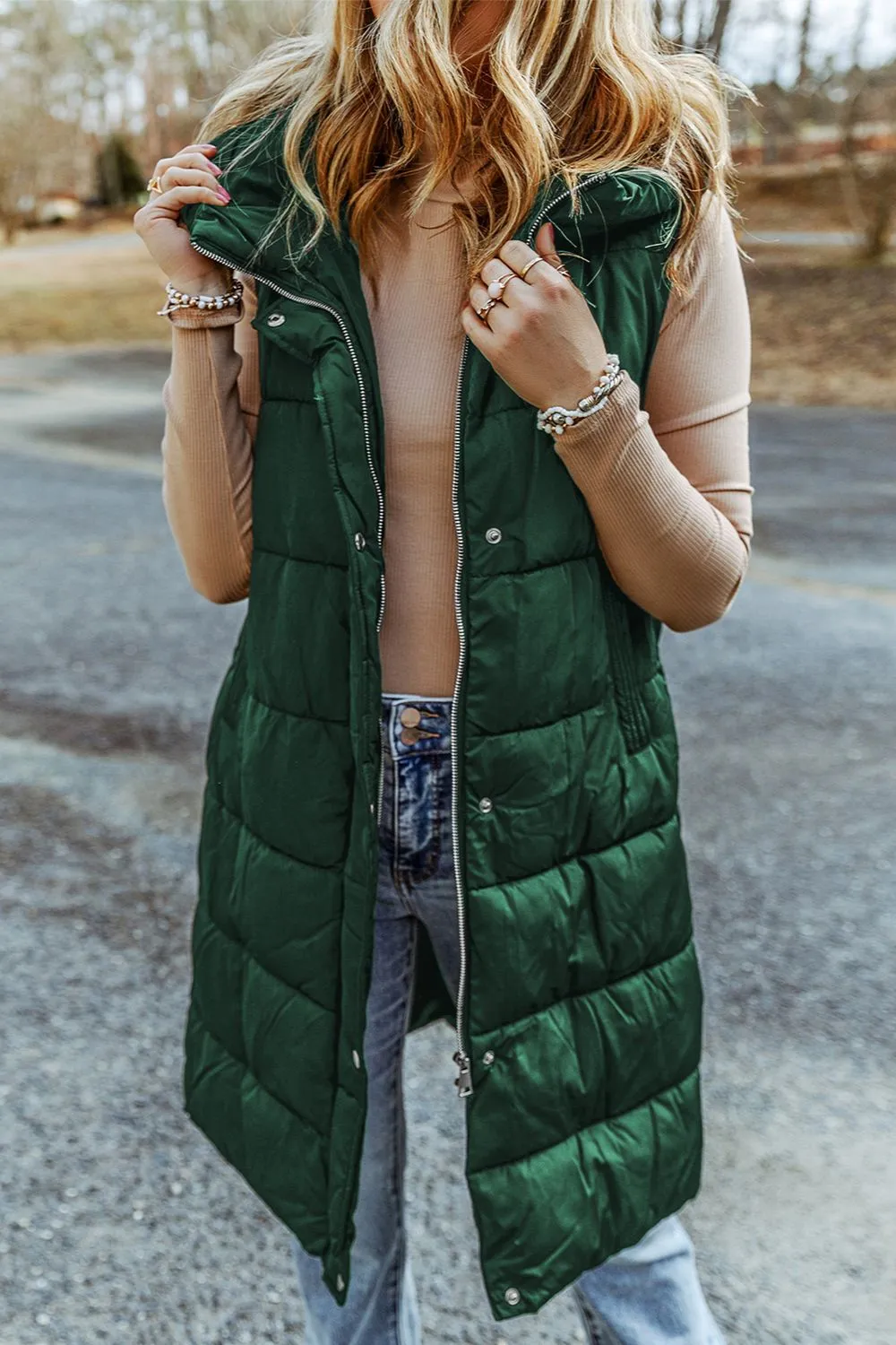 Hooded Puffer Long Vest with Pockets