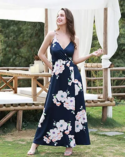 II ININ Women's Deep V-Neck Casual Dress Summer Backless Floral Print Split Maxi Dress for Beach Party(Navy,L)