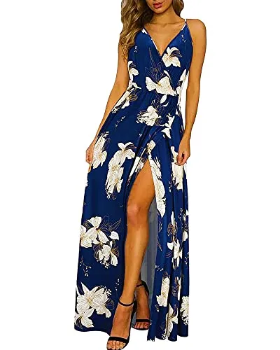 II ININ Women's Deep V-Neck Casual Dress Summer Backless Floral Print Split Maxi Dress for Beach Party(Navy,L)