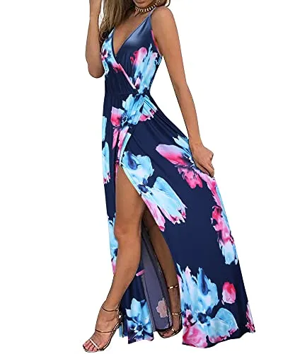 II ININ Women's Deep V-Neck Casual Dress Summer Backless Floral Print Split Maxi Dress for Beach Party(Navy,L)