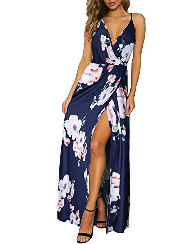 II ININ Women's Deep V-Neck Casual Dress Summer Backless Floral Print Split Maxi Dress for Beach Party(Navy,L)