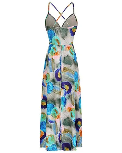 II ININ Women's Deep V-Neck Casual Dress Summer Backless Floral Print Split Maxi Dress for Beach Party(Navy,L)