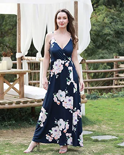 II ININ Women's Deep V-Neck Casual Dress Summer Backless Floral Print Split Maxi Dress for Beach Party(Navy,L)