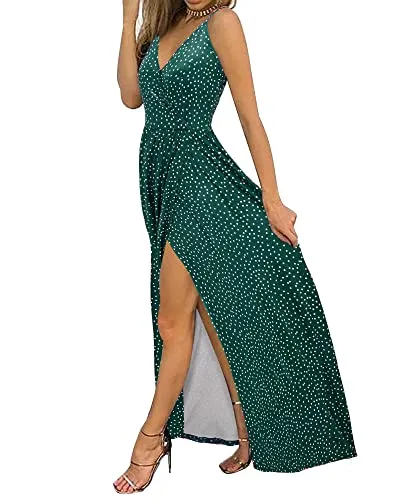 II ININ Women's Deep V-Neck Casual Dress Summer Backless Floral Print Split Maxi Dress for Beach Party(Navy,L)