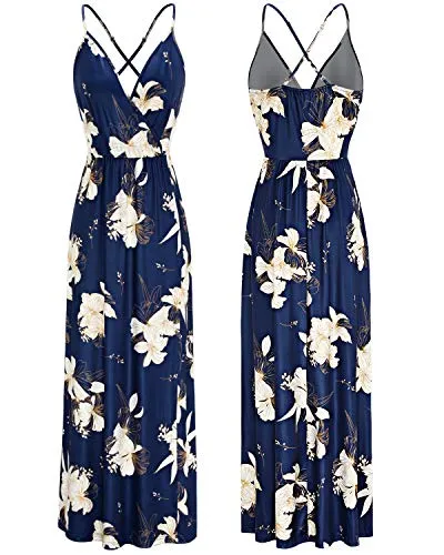 II ININ Women's Deep V-Neck Casual Dress Summer Backless Floral Print Split Maxi Dress for Beach Party(Navy,L)