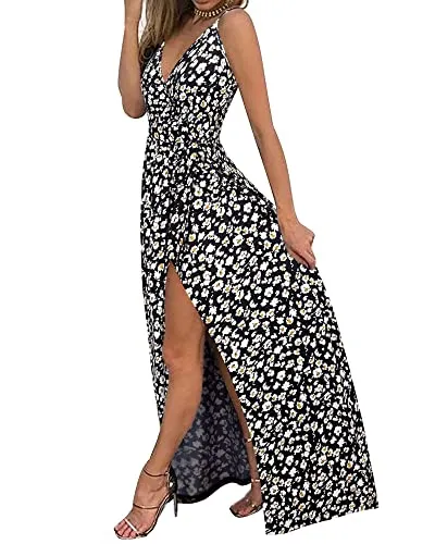 II ININ Women's Deep V-Neck Casual Dress Summer Backless Floral Print Split Maxi Dress for Beach Party(Navy,L)