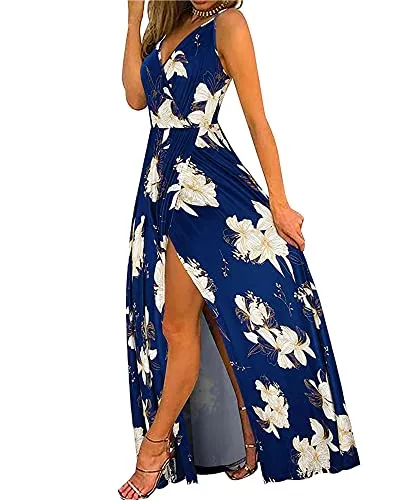 II ININ Women's Deep V-Neck Casual Dress Summer Backless Floral Print Split Maxi Dress for Beach Party(Navy,L)