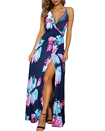 II ININ Women's Deep V-Neck Casual Dress Summer Backless Floral Print Split Maxi Dress for Beach Party(Navy,L)