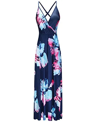 II ININ Women's Deep V-Neck Casual Dress Summer Backless Floral Print Split Maxi Dress for Beach Party(Navy,L)