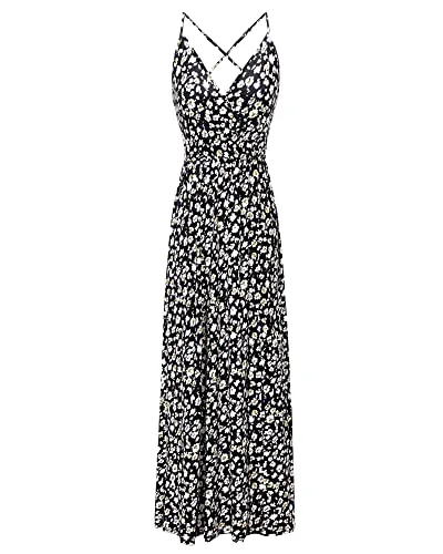 II ININ Women's Deep V-Neck Casual Dress Summer Backless Floral Print Split Maxi Dress for Beach Party(Navy,L)