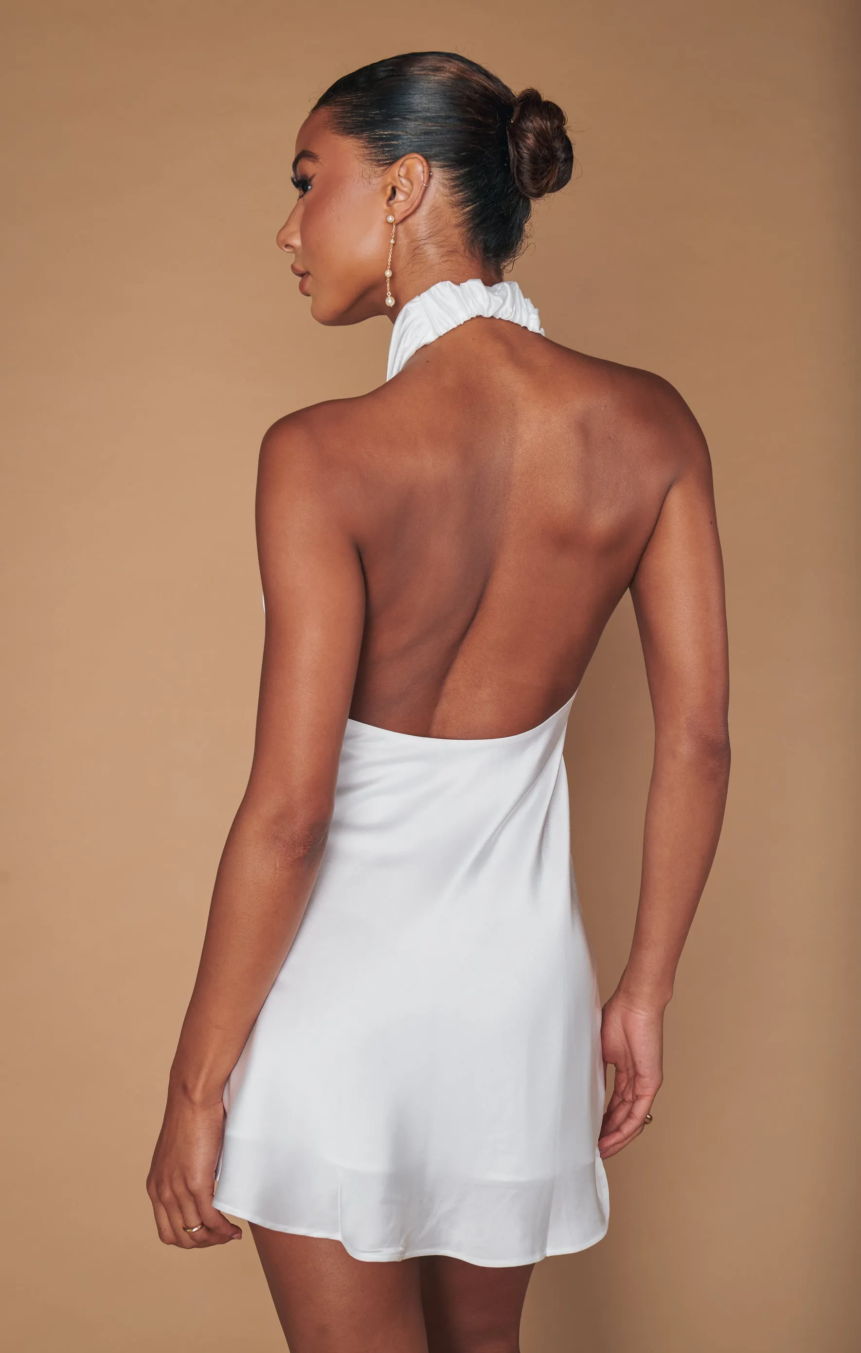 Jasmine Halter Mini Dress ~ Ivory Luxe Satin