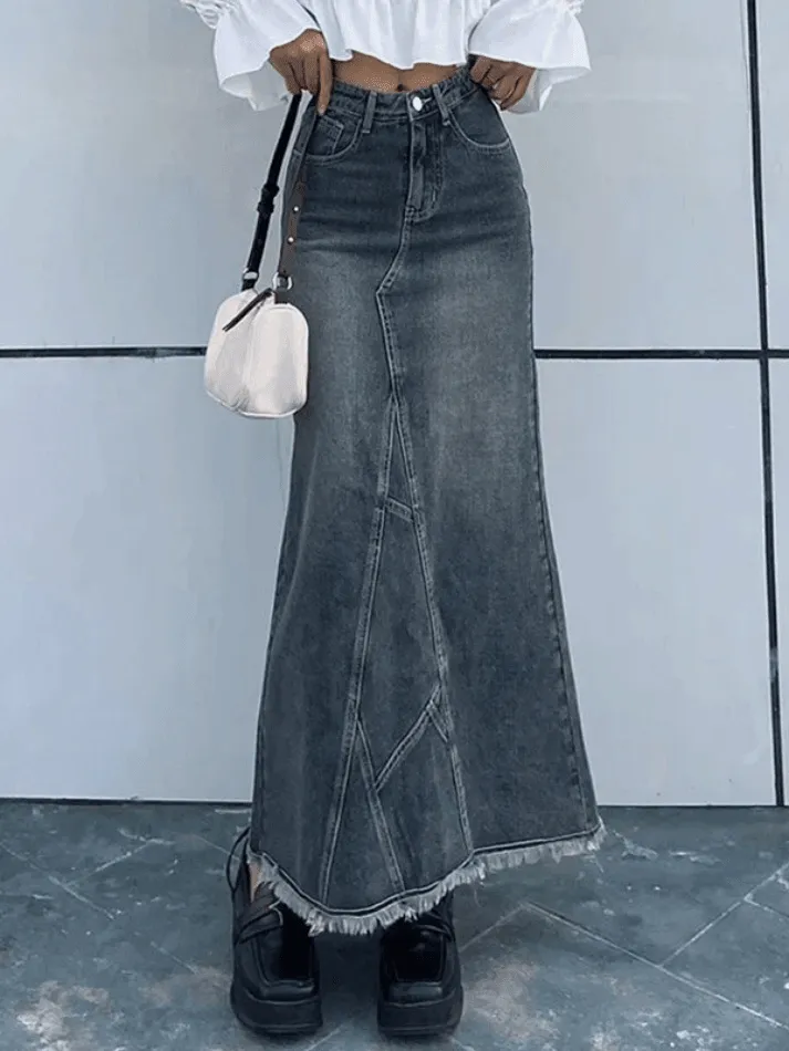 Joskaa Back Slit Patchwork Long Denim Skirt