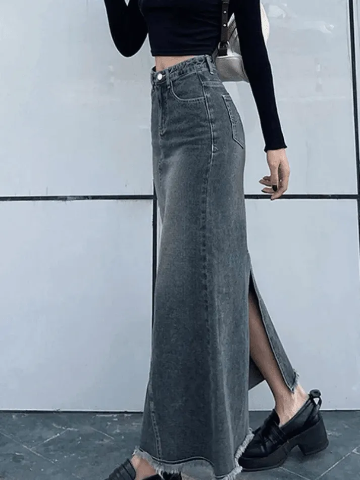 Joskaa Back Slit Patchwork Long Denim Skirt