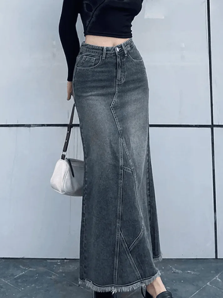 Joskaa Back Slit Patchwork Long Denim Skirt