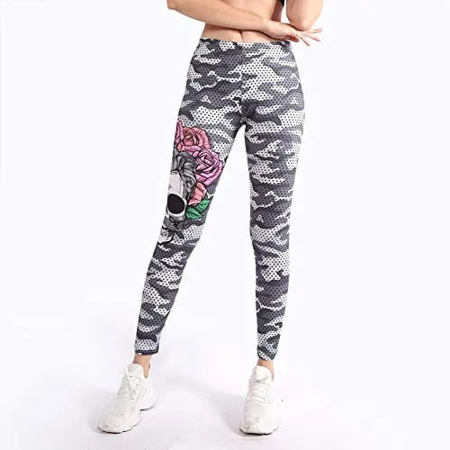 Kanora Middle Waisted Seamless Workout Leggings - Women’s Mandala Printed Yoga Leggings, Tummy Control Running Pants (Camouflage Skull, One Size), Medium