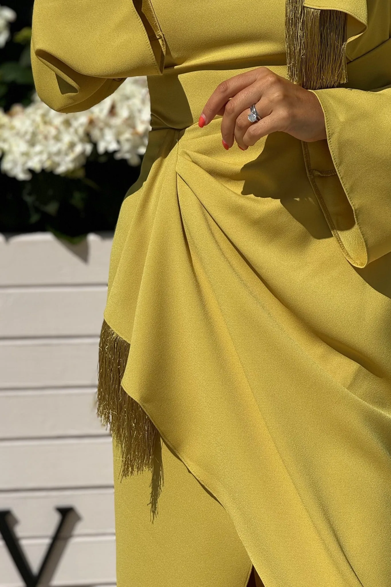 Kayla Fringe Detail Wrap Dress In Mustard