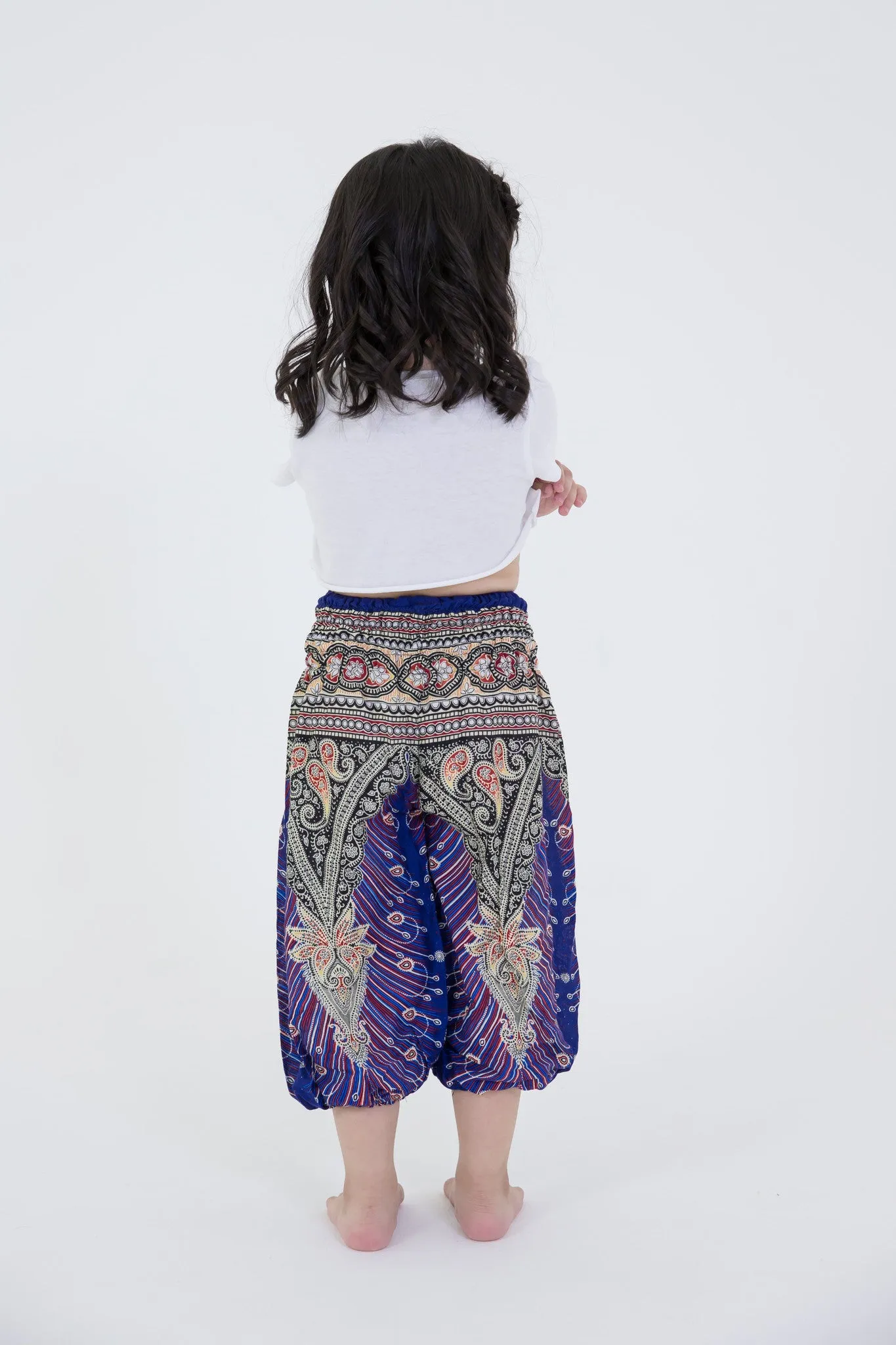 Kids Peacock Feathers Harem Pants in Blue