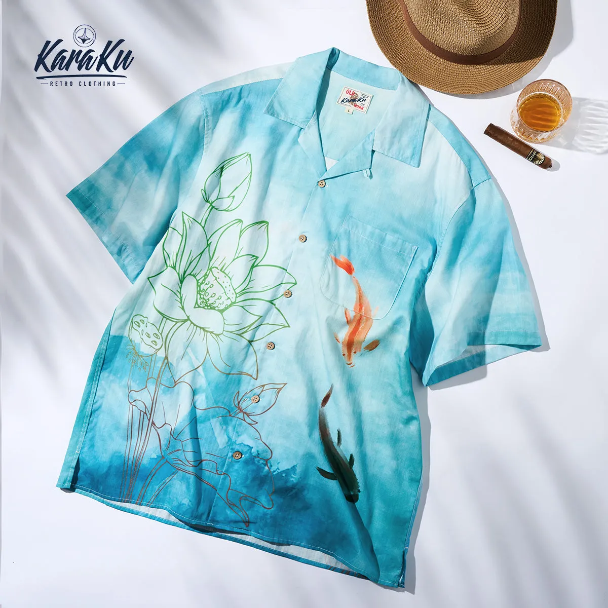 Koi & Lotus Design Cotton Camp Shirt