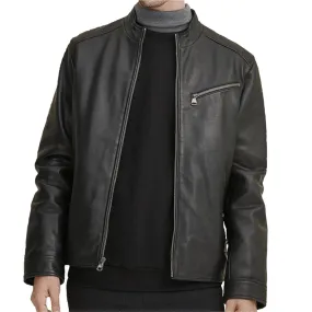 Lambskin Leather Jacket with Diagonal Zipper On Chest