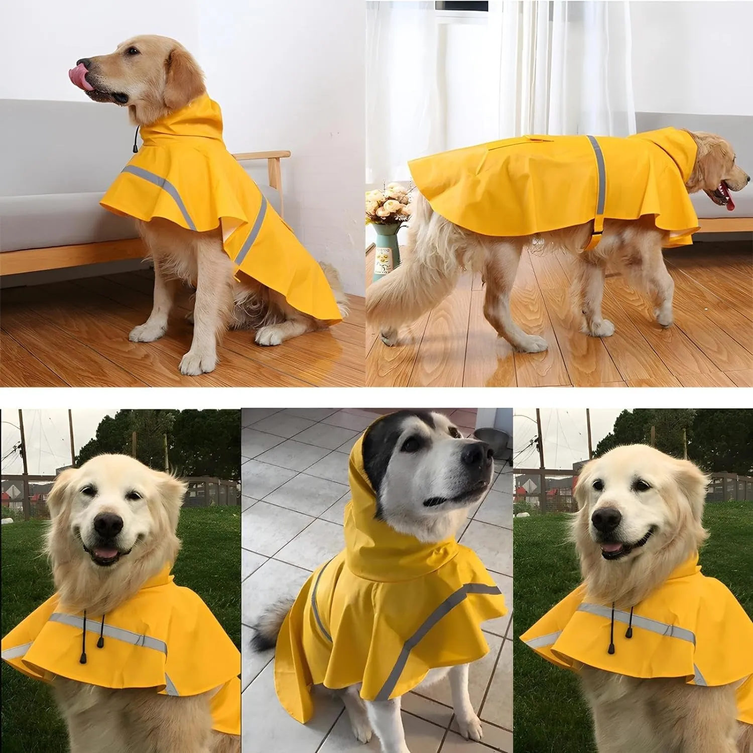 Large Dog Raincoat Adjustable Pet Water Proof Clothes Lightweight Rain Jacket Poncho Hoodies with Strip Reflective (XL, Yellow)