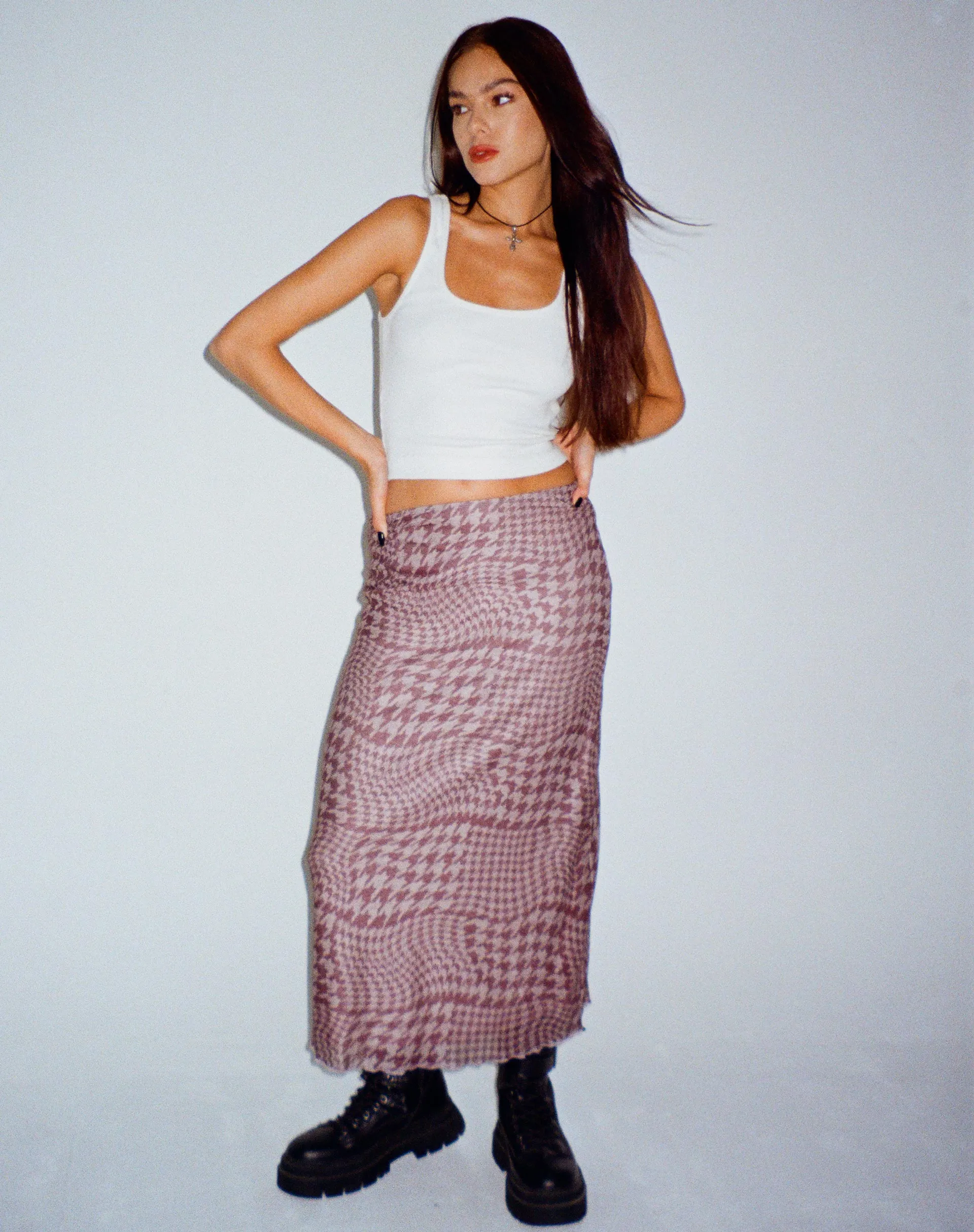 Lassie Printed Mesh Maxi Skirt in Warped Houndstooth Brown