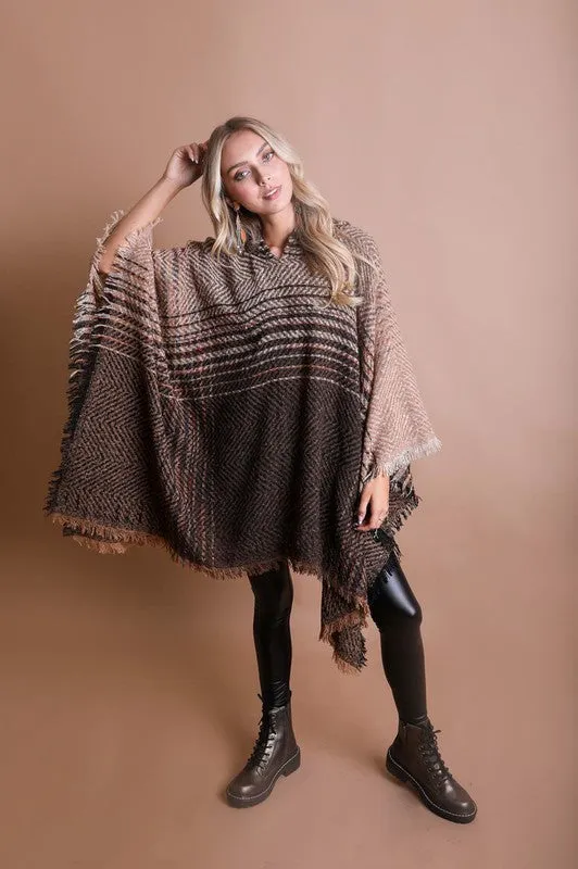 Leto Herringbone Tweed Hooded Frayed Edge Poncho