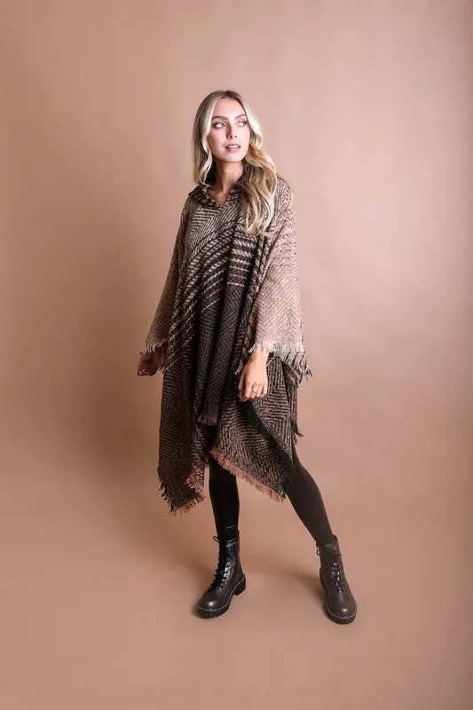 Leto Herringbone Tweed Hooded Frayed Edge Poncho