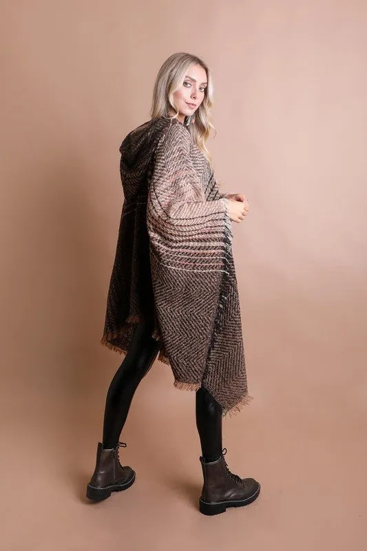 Leto Herringbone Tweed Hooded Frayed Edge Poncho