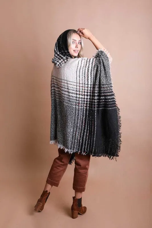 Leto Herringbone Tweed Hooded Frayed Edge Poncho