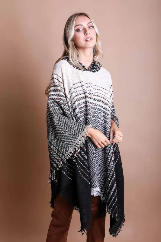 Leto Herringbone Tweed Hooded Frayed Edge Poncho