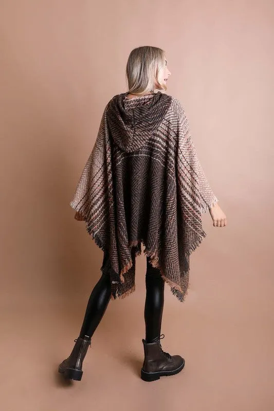 Leto Herringbone Tweed Hooded Frayed Edge Poncho