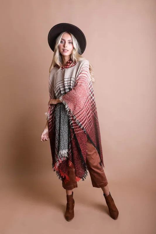 Leto Herringbone Tweed Hooded Frayed Edge Poncho