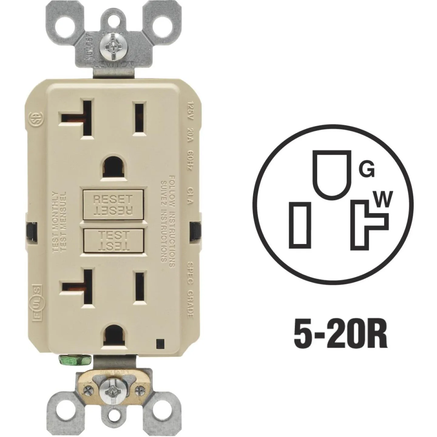 Leviton SmartlockPro Self-Test 20A Ivory Commercial Grade Rounded Corner 5-20R GFCI Outlet