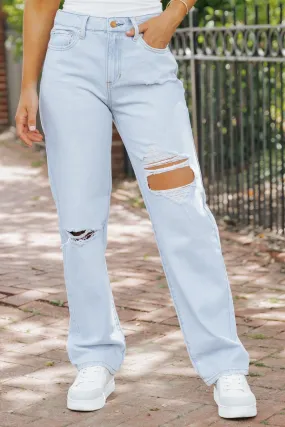 Light Wash Distressed Straight Leg Jeans - FINAL SALE