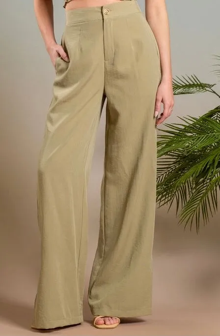 Linen Mix High Waist Wide Split Leg Dress Pants