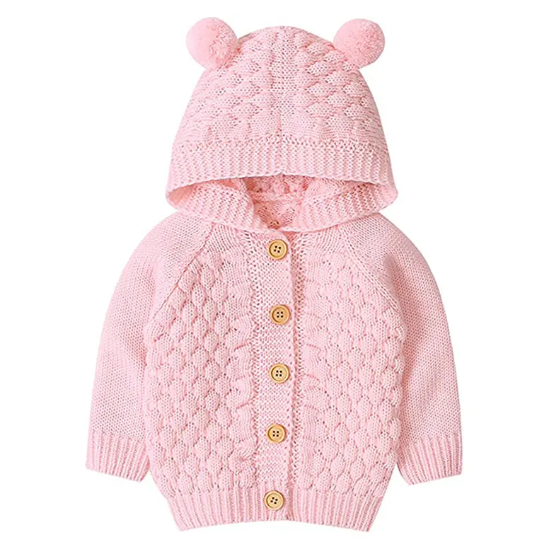 Little Surprise Box Infants Baby Pink Knitted Cardigan Sweater with Pom Pom Hoodie