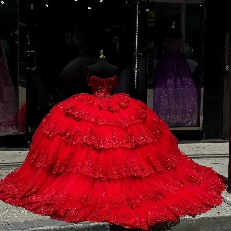 Luxury Red Quinceanera Dress with Crystal Beading Lace Appliques Sweet 16 15 Ball Gown          fg6302