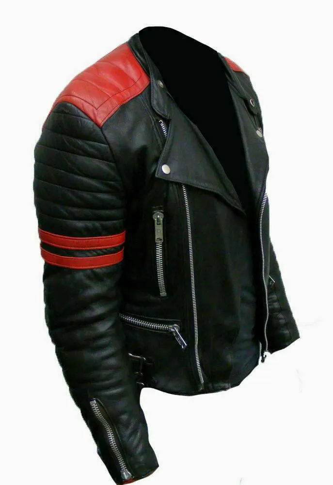 Mens Biker Moto Style Classic Brando Black/Red Real Leather Motorcycle Jacket - JAC5