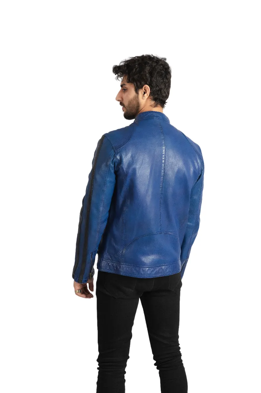 Mens Biker Style Sheep Leather Jacket Electric Blue Racer Jacket - ELM2