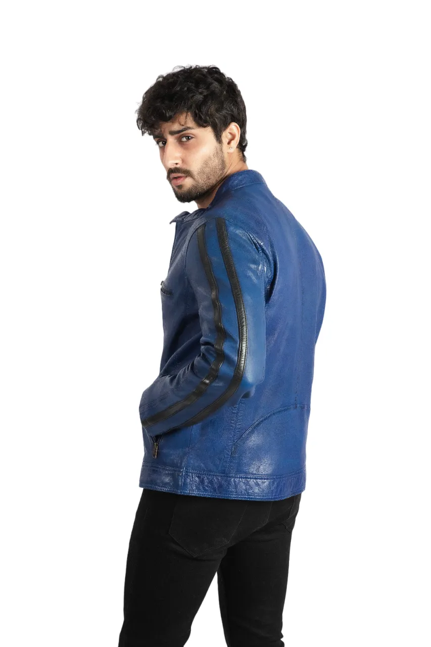 Mens Biker Style Sheep Leather Jacket Electric Blue Racer Jacket - ELM2