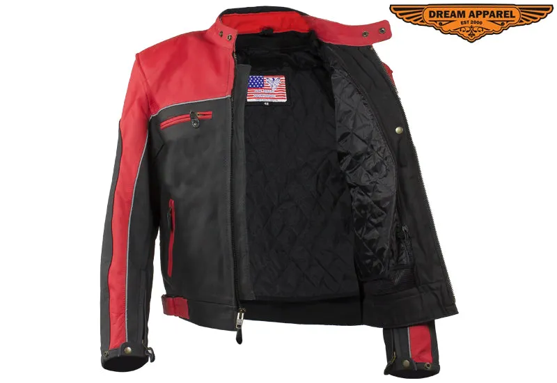 Mens Black & Red Racer Jacket With Reflective Piping