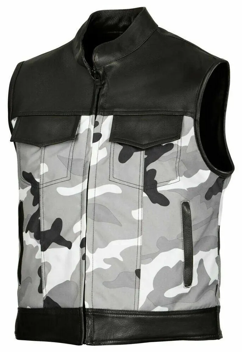 Mick Citycamo - Black / white / gray camo and leather club biker vest, Men's Vest, Leather Vest, Motorcycle Leather Vest