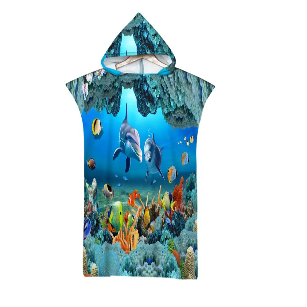 Microfiber Beach Towel Hooded 3D Beautiful Underwater World Printed Surf Soft Swimsuit For Women Poncho Quick Dry Men's Bathrobe