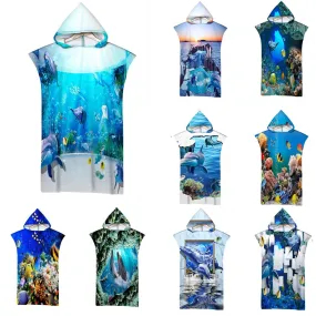 Microfiber Beach Towel Hooded 3D Beautiful Underwater World Printed Surf Soft Swimsuit For Women Poncho Quick Dry Men's Bathrobe