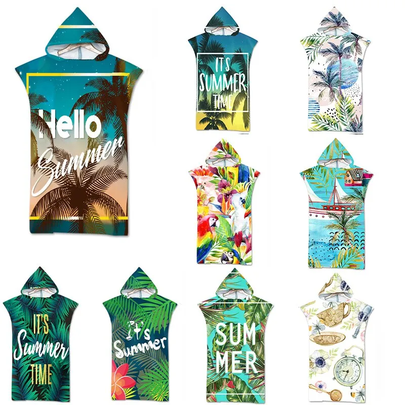 Microfiber Quick Drying Beach Towel Hooded Printed Summer/Leaf Surf Swimsuit Poncho Changing Bathrobe Cloak Fitness Bath Towels