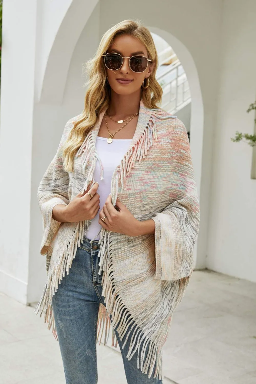 Multicolored Fringe Trim Poncho